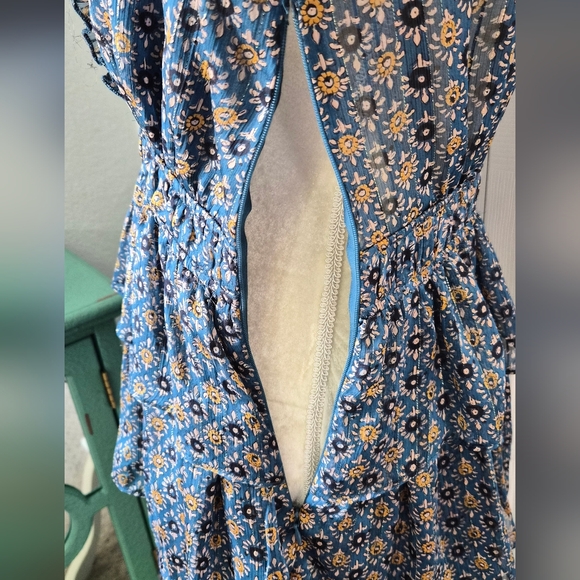RESET Blue Floral Ruffle Tiered Mini Dress Long Sleeve Boho Dress Size S - Picture 9 of 13